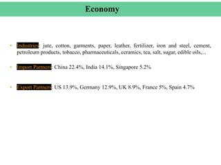 Economy
• Industries: jute, cotton, garments, paper, leather, fertilizer, iron and steel, cement,
petroleum products, tobacco, pharmaceuticals, ceramics, tea, salt, sugar, edible oils,...
• Export Partners: US 13.9%, Germany 12.9%, UK 8.9%, France 5%, Spain 4.7%
• Import Partners: China 22.4%, India 14.1%, Singapore 5.2%
 