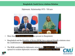 Bangladesh–South Korea relations Relation
Diplomatic Relationship 1973- Till now
• More than 150 Korean companies are present in Bangladesh
• Bangladesh and the Republic of Korea (ROK) have enjoyed friendly relations since
the establishment of diplomatic relationship on 18 December 1973.
• The ROK established its diplomatic mission on 01 March 1975. Bangladesh
opened its resident diplomatic mission in Seoul on February 16, 1987
 