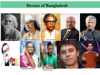 Heroes of Bangladesh
Rabindranath Tagore Kazi Nazrul Islam Fazle Hasan Abed M. Unus
Zainul Abadin
Shakib Al-Hasan
Bibi Rasel Zaved Karim Salman Khan
sheikh hasina
 