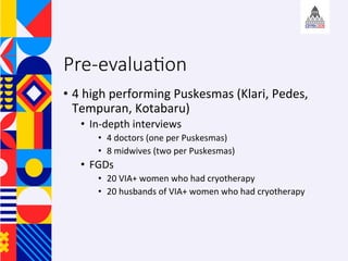 Pre-evalua;on 
?? 4	high	performing	Puskesmas	(Klari,	Pedes,	
Tempuran,	Kotabaru)	
?? In-depth	interviews	
?? 4	doctors	(one	per	Puskesmas)	
?? 8	midwives	(two	per	Puskesmas)	
?? FGDs	
?? 20	VIA+	women	who	had	cryotherapy		
?? 20	husbands	of	VIA+	women	who	had	cryotherapy	
 