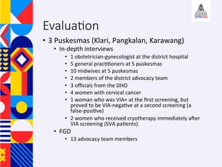 Evalua;on 
?? 3	Puskesmas	(Klari,	Pangkalan,	Karawang)		
?? In-depth	interviews	
?? 1	obstetrician-gynecologist	at	the	district	hospital	
?? 5	general	prac++oners	at	5	puskesmas	
?? 10	midwives	at	5	puskesmas	
?? 2	members	of	the	district	advocacy	team	
?? 3	o?cials	from	the	DHO	
?? 4	women	with	cervical	cancer	
?? 1	woman	who	was	VIA+	at	the	?rst	screening,	but	
proved	to	be	VIA-nega+ve	at	a	second	screening	(a	
false-posi+ve)	
?? 2	women	who	received	cryotherapy	immediately	afer	
VIA	screening	(SVA	pa+ents).	
?? FGD	
?? 13	advocacy	team	members	
 