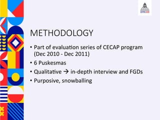 METHODOLOGY
?? Part	of	evalua+on	series	of	CECAP	program	
(Dec	2010	-	Dec	2011)	
?? 6	Puskesmas		
?? Qualita+ve		in-depth	interview	and	FGDs	
?? Purposive,	snowballing	
 