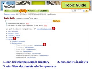 1.  คลิก  browse the subject directory 2.  คลิกเลือกหัวเรื่องที่สนใจ 3.  คลิก  View documents  เพื่อเรียกดูบทความ 3 2 1 Topic Guide 