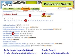 1.  พิมพ์บางส่วนของชื่อสิ่งพิมพ์ 2.  คลิก  Search 3.  หรือ เลือกอักษรเริ่มต้นที่ต้องการ   4.  เลือกรายชื่อสิ่งพิมพ์ที่สนใจ 2 3 1 4 Publication Search 