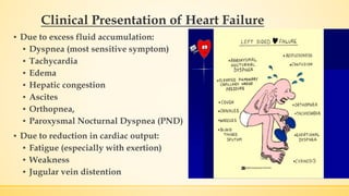 ▪ Due to excess fluid accumulation:
▪ Dyspnea (most sensitive symptom)
▪ Tachycardia
▪ Edema
▪ Hepatic congestion
▪ Ascites
▪ Orthopnea,
▪ Paroxysmal Nocturnal Dyspnea (PND)
▪ Due to reduction in cardiac output:
▪ Fatigue (especially with exertion)
▪ Weakness
▪ Jugular vein distention
Clinical Presentation of Heart Failure
 