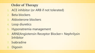 Order of Therapy
1. ACE inhibitor (or ARB if not tolerated)
2. Beta blockers
3. Aldosterone blockers
4. Loop diuretics
5. Hyponatremia management
6. ARNI(Angiotensin Receptor Blocker+ Nephrilysin
Inhibitor
7. Ivabradine
8. Digoxin
 