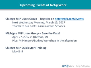 Chicago MIP Users Group – Register on netatwork.com/events
Next Wednesday Morning, March 15, 2017
Thanks to our hosts: Asian Human Services
Michigan MIP Users Group – Save the Date!
April 27, 2017 in Okemos, MI
Plus: MIP Import/Budget Workshop in the afternoon
Chicago MIP Quick Start Training
May 8 -9
Upcoming Events at Net@Work
 