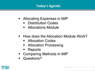 Today’s Agenda
▪ Allocating Expenses in MIP
▪ Distribution Codes
▪ Allocations Module
▪ How does the Allocation Module Work?
▪ Allocation Codes
▪ Allocation Processing
▪ Reports
▪ Comparing Methods in MIP
▪ Questions?
 