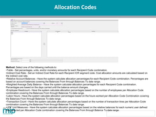 Allocation Codes
Method: Select one of the following methods to:
•Table - Set percentages, units, and/or monetary amounts for each Recipient Code combination.
•Indirect Cost Rate - Set an Indirect Cost Rate for each Recipient ICR segment code. Cost allocation amounts are calculated based on
the indirect cost rate.
•Relative Account Balances - Have the system calculate allocation percentages for each Recipient Code combination. Percentages are
based on account balances covering the Balances From through Balances To date range.
•Weighted Average Daily Balance - Have the system calculate allocation percentages for each Recipient Code combination.
Percentages are based on the days carried until the balance amount changes.
•Employee Headcount - Have the system calculate allocation percentages based on the number of employees per Allocation Code
combination covering the Balances From through Balances To date range.
•Labor Hours - Have the system calculate allocation percentages based on the hours worked per Allocation Code Combination covering
the Balances From through Balances To date range.
•Transaction Count - Have the system calculate allocation percentages based on the number of transaction lines per Allocation Code
combination covering the Balances From through Balances To date range.
•UDF Unit Measures - Have the system calculate allocation percentages based on the relative balances for each numeric user defined
field selected per Allocation Code combination covering the Balances From through Balance To date range.
 