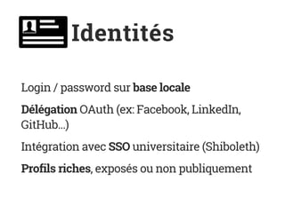 Identités
Login / password sur base locale
Délégation OAuth (ex: Facebook, LinkedIn,
GitHub...)
Intégration avec SSO universitaire (Shiboleth)
Profils riches, exposés ou non publiquement
 