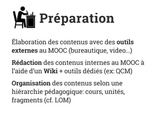 Préparation
Élaboration des contenus avec des outils
externes au MOOC (bureautique, video...)
Rédaction des contenus internes au MOOC à
l’aide d’un Wiki + outils dédiés (ex: QCM)
Organisation des contenus selon une
hiérarchie pédagogique: cours, unités,
fragments (cf. LOM)
 
