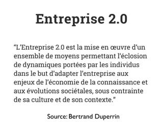 Entreprise 2.0
“L’Entreprise 2.0 est la mise en œuvre d’un
ensemble de moyens permettant l’éclosion
de dynamiques portées par les individus
dans le but d’adapter l’entreprise aux
enjeux de l’économie de la connaissance et
aux évolutions sociétales, sous contrainte
de sa culture et de son contexte.”
Source: Bertrand Duperrin
 