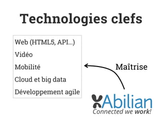 Technologies clefs
Web (HTML5, API...)
Vidéo
Mobilité
Cloud et big data
Développement agile
Maîtrise
 