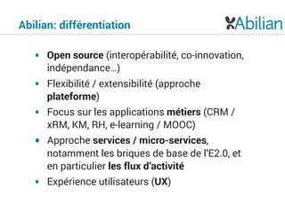 Abilian: différentiation
• Open source (interopérabilité, co-innovation,
indépendance…)
• Flexibilité / extensibilité (approche
plateforme)
• Focus sur les applications métiers (CRM /
xRM, KM, RH, e-learning / MOOC)
• Approche services / micro-services,
notamment les briques de base de l’E2.0, et
en particulier les flux d’activité
• Expérience utilisateurs (UX)
 