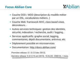 Focus Abilian Core
• Couche DDD / MDD (description du modèle métier
par un DSL, vocabulaires métiers…)
• Couche Web: framework MVC, class based views,
décorateurs…
• Autres services techniques: gestion des identités,
sécurité, indexation / recherche, audit / logging…
• Services applicatifs: graphe social, tagging,
commentaires, dépôt documentaire, antivirus, etc.
• Déploiement possible en microservices
• Documentation: http://docs.abilian.com/
Première release: 0.1.0 (13 dec 2013).
Dernière release: 0.4.5 (15 oct 2015). 16 KLOC. 2000 DL / mois.
 