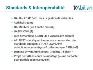 Standards & Interopérabilité
• OAuth / LDAP / etc. pour la gestion des identités
• ActivityStreams
• OASIS CMIS (via Apache cmislib)
• OASIS ICOM (?)
• Web sémantique (JSON-LD + vocabulaire adapté)
• API REST spéciﬁque - à rationaliser autour d’un des
standards émergents (HAL? JSON API?
collection.document+json? collection+json? OData?)
• Demand Driven Architecture: GraphQL ? Falcor ?
• Projet de R&D en cours de montage (<= me contacter
pour participation éventuelle)
 
