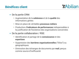 Bénéﬁces client
• De la partie CRM:
• Augmentation de la cohérence et de la qualité des
informations gérées
• Mise en place de véritables processus métiers
• Production d’indicateurs de performances indispensables à
la justiﬁcation de l’existence des organisations concernées
• De la partie collaboration / RSE:
• Identiﬁcation et partage de la connaissance et des
expertises
• Suppression des barrières organisationnelles (“Silos”) ou
géographiques
• Diminution des échanges de documents par mail, perçus
comme source d’inefﬁcacité
 