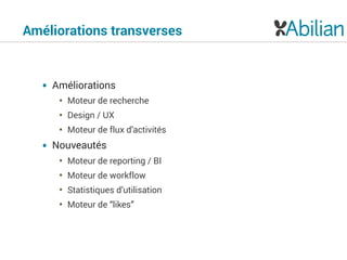 Améliorations transverses
• Améliorations
• Moteur de recherche
• Design / UX
• Moteur de flux d’activités
• Nouveautés
• Moteur de reporting / BI
• Moteur de workflow
• Statistiques d’utilisation
• Moteur de “likes”
 