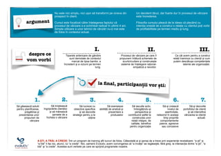 argument
Să găsească solutii
pentru planificarea,
pregătirea și
prezentarea unor
propuneri de
vânzare
1. 2.
Să liniștească
îngrijorările clienților
și să mărească
șansele de a
încheia o vânzare
3.
Să lucreze cu
obiective specifice
și să dezvolte
strategii pentru a le
obține
4.
Să exersesze
abilități de analiză și
prezentare a
produselor
5.
Să asculte activ,
îmbogățindu-și
perspectiva și
contribuind astfel la
construcția unor
relații integre, de
calitate, benefice
pentru organizație
6.
Să-și crească
nivelul de
asertivitate,
netezind în același
timp propriile
comportamente
pasive, agresive
sau concesive
7.
Să-și dezvolte
portofoliul de clienți
și să intensifice
vânzarea la clienții
actuali.
Nu este nici simplu, nici ușor să transformi pe cineva din
prospect în client.
Cursul este focalizat către înțelegerea faptului că
procesul de vânzare s-a schimbat radical în ultimii 4 ani.
Simpla utilizare a unor tehnici de vânzări nu-ți mai este
de folos în contextul actual.
Un decident tăcut, dar foarte dur în procesul de vânzare
este încrederea.
Filosofia cursului pleacă de la ideea că plecând cu
intenția onestă de a construi o relație cu clientul poți vorbi
de profitabilitate pe termen mediu şi lung.
despre ce
vom vorbi
la ﬁnal, participanții vor ști:
Tiparele anterioare de gândire
sunt demolate de contextul
marcat de lipsa banilor, a
încrederii și a viziunii pe termen
lung.
Procesul de vânzare pe care îl
propunem înlătură schemele de
scurtcircuitare și construiește
sisteme de înțelegere rațional-
empatică a nevoilor.
Ce căi avem pentru a construi
relații trainince cu clienții și cum
putem descătușa competențele
latente ale organizației.
I. II. III.
A ȘTI, A TRĂI, A CREDE: Într-un program de training afli lucruri de folos. Câteodată ai și șansa de a trece prin experiențe revelatoare: “a ști” și
“a trăi” îi fac loc, atunci, lui “a crede”. Noi, oamenii Evolutiv, avem convingerea că “a învăța” se regăsește, fără greș, la intersecția dintre “a ști”, “a
trăi” și “a crede”. Acestea sunt verbele pe care se sprijină programele noastre.
 