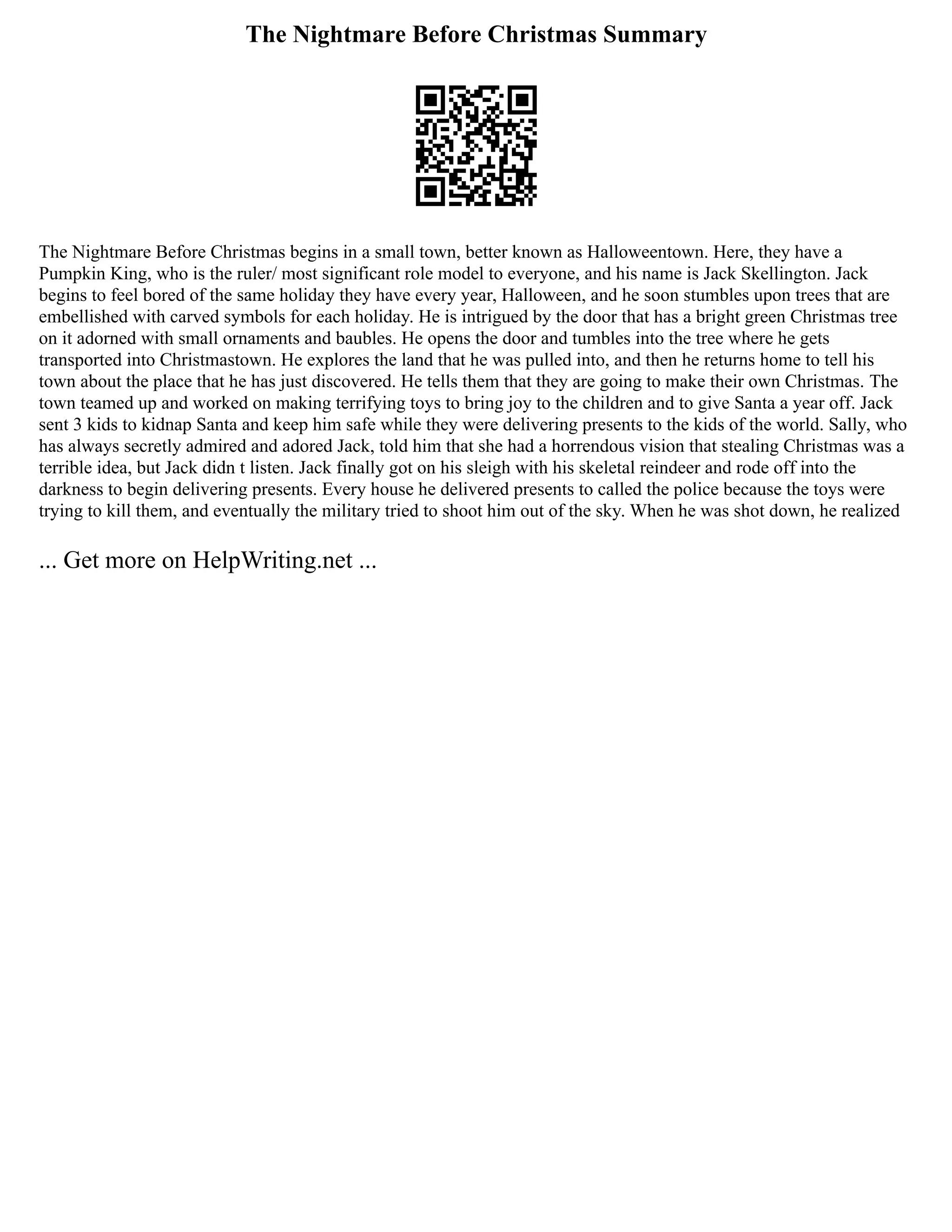 The Nightmare Before Christmas Summary
The Nightmare Before Christmas begins in a small town, better known as Halloweentown. Here, they have a
Pumpkin King, who is the ruler/ most significant role model to everyone, and his name is Jack Skellington. Jack
begins to feel bored of the same holiday they have every year, Halloween, and he soon stumbles upon trees that are
embellished with carved symbols for each holiday. He is intrigued by the door that has a bright green Christmas tree
on it adorned with small ornaments and baubles. He opens the door and tumbles into the tree where he gets
transported into Christmastown. He explores the land that he was pulled into, and then he returns home to tell his
town about the place that he has just discovered. He tells them that they are going to make their own Christmas. The
town teamed up and worked on making terrifying toys to bring joy to the children and to give Santa a year off. Jack
sent 3 kids to kidnap Santa and keep him safe while they were delivering presents to the kids of the world. Sally, who
has always secretly admired and adored Jack, told him that she had a horrendous vision that stealing Christmas was a
terrible idea, but Jack didn t listen. Jack finally got on his sleigh with his skeletal reindeer and rode off into the
darkness to begin delivering presents. Every house he delivered presents to called the police because the toys were
trying to kill them, and eventually the military tried to shoot him out of the sky. When he was shot down, he realized
... Get more on HelpWriting.net ...
 