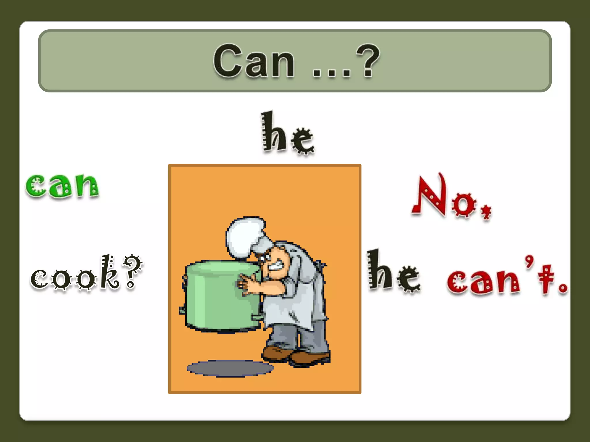 CAN… ?Can …?hecanNo,hecook?can’t.