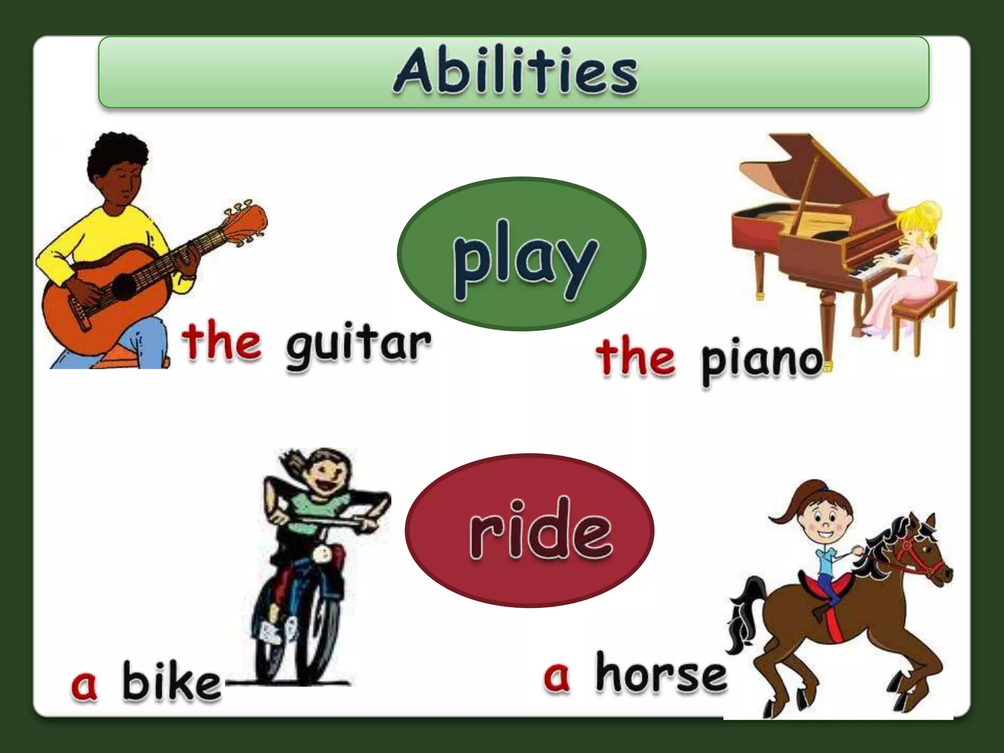 Abilitiesplaythe guitarthe pianoridea horsea bike