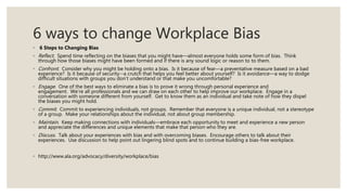 6 ways to change Workplace Bias
◦ 6 Steps to Changing Bias
◦ Reflect. Spend time reflecting on the biases that you might have—almost everyone holds some form of bias. Think
through how those biases might have been formed and if there is any sound logic or reason to to them.
◦ Confront. Consider why you might be holding onto a bias. Is it because of fear—a preventative measure based on a bad
experience? Is it because of security--a crutch that helps you feel better about yourself? Is it avoidance—a way to dodge
difficult situations with groups you don’t understand or that make you uncomfortable?
◦ Engage. One of the best ways to eliminate a bias is to prove it wrong through personal experience and
engagement. We’re all professionals and we can draw on each other to help improve our workplace. Engage in a
conversation with someone different from yourself. Get to know them as an individual and take note of how they dispel
the biases you might hold.
◦ Commit. Commit to experiencing individuals, not groups. Remember that everyone is a unique individual, not a stereotype
of a group. Make your relationships about the individual, not about group membership.
◦ Maintain. Keep making connections with individuals—embrace each opportunity to meet and experience a new person
and appreciate the differences and unique elements that make that person who they are.
◦ Discuss. Talk about your experiences with bias and with overcoming biases. Encourage others to talk about their
experiences. Use discussion to help point out lingering blind spots and to continue building a bias-free workplace.
◦ http://www.ala.org/advocacy/diversity/workplace/bias
 