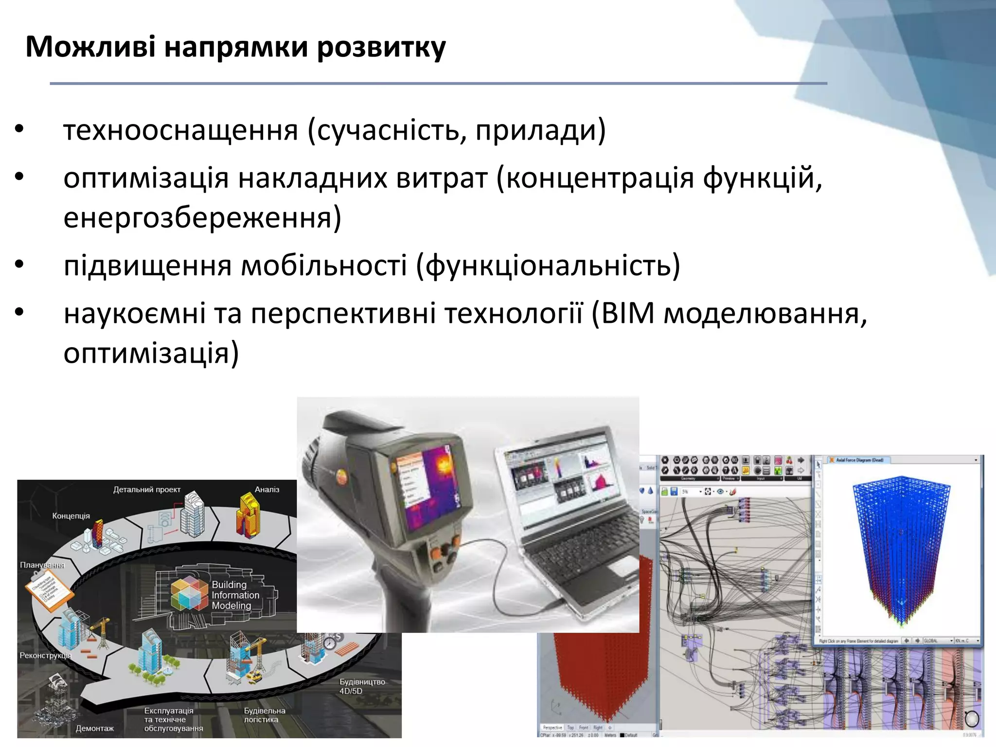 • технооснащення (сучасність, прилади)
• оптимізація накладних витрат (концентрація функцій,
енергозбереження)
• підвищення мобільності (функціональність)
• наукоємні та перспективні технології (ВІМ моделювання,
оптимізація)
Можливі напрямки розвитку
 