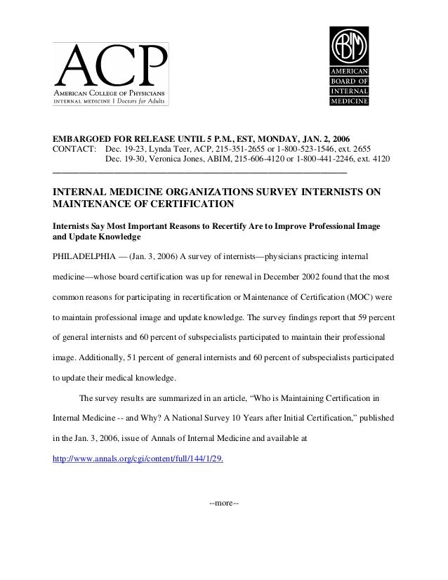 INTERNAL MEDICINE ORGANIZATIONS SURVEY INTERNISTS ON