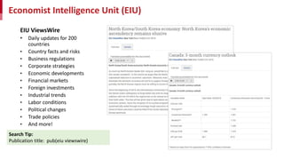 Economist Intelligence Unit (EIU)
EIU ViewsWire
• Daily updates for 200
countries
• Country facts and risks
• Business regulations
• Corporate strategies
• Economic developments
• Financial markets
• Foreign investments
• Industrial trends
• Labor conditions
• Political changes
• Trade policies
• And more!
Search Tip:
Publication title: pub(eiu viewswire)
 