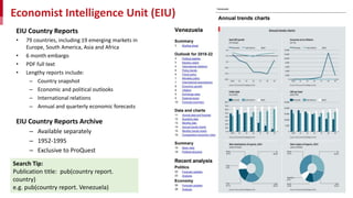 Economist Intelligence Unit (EIU)
EIU Country Reports
• 79 countries, including 19 emerging markets in
Europe, South America, Asia and Africa
• 6 month embargo
• PDF full text
• Lengthy reports include:
– Country snapshot
– Economic and political outlooks
– International relations
– Annual and quarterly economic forecasts
EIU Country Reports Archive
– Available separately
– 1952-1995
– Exclusive to ProQuest
Search Tip:
Publication title: pub(country report.
country)
e.g. pub(country report. Venezuela)
 