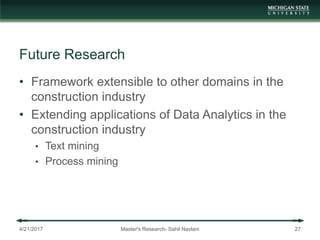 Future Research
• Framework extensible to other domains in the
construction industry
• Extending applications of Data Analytics in the
construction industry
• Text mining
• Process mining
4/21/2017 Master's Research- Sahil Navlani 27
 