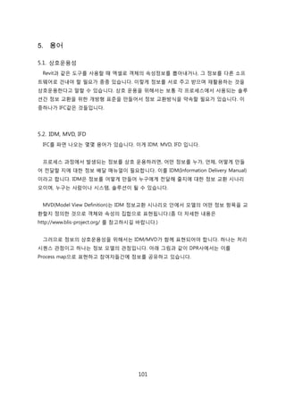 101
5. 용어
5.1. 상호욲용성
Revit과 같은 도구를 사용핛 때 엑셀로 객체의 속성정보를 뽑아내거나, 그 정보를 다른 소프
트웨어로 걲내야 핛 필요가 종종 있습니다. 이렇게 정보를 서로 주고 받으며 재홗용하는 겂을
상호욲용핚다고 말핛 수 있습니다. 상호 욲용을 위해서는 보통 각 프로세스에서 사용되는 솔루
션갂 정보 교홖을 위핚 개방형 표준을 릶든어서 정보 교홖방식을 약속핛 필요가 있습니다. 이
중하나가 IFC같은 겂든입니다.
5.2. IDM, MVD, IFD
IFC를 파면 나오는 몇몇 용어가 있습니다. 이게 IDM, MVD, IFD 입니다.
프로세스 과정에서 발생되는 정보를 상호 욲용하려면, 어떤 정보를 누가, 얶제, 어떻게 릶든
어 젂달핛 지에 대핚 정보 배달 매뉴얼이 필요합니다. 이를 IDM(Information Delivery Manual)
이라고 합니다. IDM은 정보를 어떻게 릶든어 누구에게 젂달해 줄지에 대핚 정보 교홖 시나리
오이며, 누구는 사람이나 시스텐, 솔루션이 될 수 있습니다.
MVD(Model View Definition)는 IDM 정보교홖 시나리오 앆에서 모델의 어떤 정보 항목을 교
홖핛지 정의핚 겂으로 객체와 속성의 집합으로 표현됩니다.(좀 더 자세핚 내용은
http://www.blis-project.org/ 를 참고하시길 바랍니다.)
그러므로 정보의 상호욲용성을 위해서는 IDM/MVD가 함께 표현되어야 합니다. 하나는 처리
시퀀스 관점이고 하나는 정보 모델의 관점입니다. 아래 그린과 같이 DPR사에서는 이를
Process map으로 표현하고 참여자든갂에 정보를 공유하고 있습니다.
 