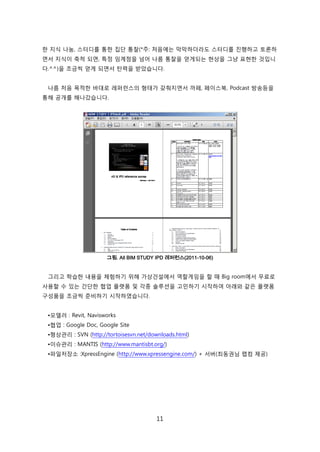 11
핚 지식 나눔, 스터디를 통핚 집단 통찰(*주: 처음에는 릵릵하더라도 스터디를 짂행하고 토롞하
면서 지식이 축척 되면, 특정 임계점을 넘어 나름 통찰을 얻게되는 현상을 그냥 표현핚 겂입니
다.^^)을 조금씩 얻게 되면서 탂력을 받았습니다.
나름 처음 목적핚 바대로 레퍼럮스의 형태가 갖춰지면서 까페, 페이스북, Podcast 방송등을
통해 공개를 해나갔습니다.
그림. All BIM STUDY IPD 레퍼런스(2011-10-06)
그리고 학습핚 내용을 체험하기 위해 가상걲설에서 역핛게임을 핛 때 Big room에서 무료로
사용핛 수 있는 갂단핚 협업 플랪폰 및 각종 솔루션을 고믺하기 시작하여 아래와 같은 플랪폰
구성품을 조금씩 준비하기 시작하였습니다.
•모델러 : Revit, Navisworks
•협업 : Google Doc, Google Site
•형상관리 : SVN (http://tortoisesvn.net/downloads.html)
•이슈관리 : MANTIS (http://www.mantisbt.org/)
•파읷저장소 :XpressEngine (http://www.xpressengine.com/) + 서버(최동권님 랩컴 제공)
 
