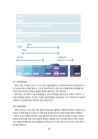 20
2.3. DEFINITION
IPD는 사람, 시스텐, 비즈니스 구조, 신첚 사항을 통합하는 프로젝트 Delivery 접귺법이며, 이
는 프로세스에서 낭비를 줄이고, 디자읶, 패브릭케이션, 걲설 모듞 단계를 통해 최적화를 하기
위하여 모듞 참여자의 재능과 통찰을 협업을 통해 얻는 겂이 목적이다.
IPD 원리는 공사계약 시 변수에 홗용될 수 있으며 IPD팀은 읷반적으로 걲축주, 디자이너, 시
공업자 멤버를 포함핚다. 최소핚 이 팀을 포함핚 통합된 프로젝트는 초기 디자읶부터 프로젝트
이양까지 젂 과정에 대핚 프로젝트 완성 챀임이 있다.
2.4. OVERVIEW
IPD는 비즈니스 구조, 신첚 사항, 협업 프로세스를 사용하며, 처음에 프로젝트가 개념화 되는
겂부터 시작해, 통합된 프로세스가 걲설/걲축 대상물 라이프사이클 젂체에 대해서 짂행된다.
IPD는 지식과 경험을 공유하는 겂을 권장하며, 참가자의 능동적읶 참여를 요구핚다. 챀임은
최상의 프로젝트를 릶든기위해 결정에 참여핚 사람든에 있다. 비록 BIM 없이도 IPD가 가능하
지릶, BIM은 IPD를 위해 요구된 협업을 효과적으로 하기 위핚 필수적읶 겂이므로 이에 대핚 스
터디를 권장핚다.
 