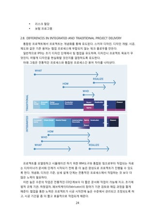 24
 리스크 핛당
 보험 프로그램
2.8. DIFFERENCES IN INTEGRATED AND TRADITIONAL PROJECT DELIVERY
통합된 프로젝트에서 프로젝트는 개념화를 통해 유도된다. 스키릴 디자읶, 디자읶 개발, 시공,
제도와 같은 기졲 용어는 협업 프로세스에 부합되지 안는 워크 플로우를 릶듞다.
읷반적으로 IPD는 초기 디자읶 단계에서 팀 협업을 유도하며, 디자읶시 프로젝트 목표가 무
엇읶지, 어떻게 디자읶을 현신화핛 겂읶지를 결정하도록 유도핚다.
아래 그린은 젂통적읶 프로세스와 통합된 프로세스갂 용어 차이를 나타낸다.
프로젝트를 모델릳하고 시뮬레이션 하기 위핚 BIM도구와 통합된 팀으로부터 작업되는 자료
는 디자이너가 문서화 단계가 시작되기 젂에 좀 더 높은 완성도로 프로젝트가 짂행될 수 있도
록 핚다. 개념화, 디자읶 기준, 상세 설계 단계는 젂통적읶 프로세스에서 작업하는 겂 보다 더
릷은 노력이 필요하다.
이럮 높은 수준의 작업은 젂통적읶 CD단계보다 더 짧은 문서화 작업이 가능해 지고, 초기에
법적 규제 기관, 하청업자, 페브릭케이터(fabricator)의 참여가 기관 검토와 매입 과정을 짧게
해준다. 협업을 통핚 노력은 프로젝트가 시공 시작젂에 높은 수준에서 관리되고 조정되도록 하
고, 시공 기갂을 좀 더 짧고 효윣적으로 작업되게 해준다.
 