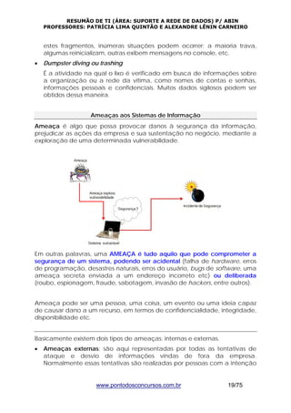 RESUMÃO DE TI (ÁREA: SUPORTE A REDE DE DADOS) P/ ABIN 
PROFESSORES: PATRÍCIA LIMA QUINTÃO E ALEXANDRE LÊNIN CARNEIRO 
estes fragmentos, inúmeras situações podem ocorrer: a maioria trava, 
algumas reinicializam, outras exibem mensagens no console, etc. 
• Dumpster diving ou trashing 
É a atividade na qual o lixo é verificado em busca de informações sobre 
a organização ou a rede da vítima, como nomes de contas e senhas, 
informações pessoais e confidenciais. Muitos dados sigilosos podem ser 
obtidos dessa maneira. 
Ameaças aos Sistemas de Informação 
Ameaça é algo que possa provocar danos à segurança da informação, 
prejudicar as ações da empresa e sua sustentação no negócio, mediante a 
exploração de uma determinada vulnerabilidade. 
Em outras palavras, uma AMEAÇA é tudo aquilo que pode comprometer a 
segurança de um sistema, podendo ser acidental (falha de hardware, erros 
de programação, desastres naturais, erros do usuário, bugs de software, uma 
ameaça secreta enviada a um endereço incorreto etc) ou deliberada 
(roubo, espionagem, fraude, sabotagem, invasão de hackers, entre outros). 
Ameaça pode ser uma pessoa, uma coisa, um evento ou uma ideia capaz 
de causar dano a um recurso, em termos de confidencialidade, integridade, 
disponibilidade etc. 
Basicamente existem dois tipos de ameaças: internas e externas. 
• Ameaças externas: são aqui representadas por todas as tentativas de 
ataque e desvio de informações vindas de fora da empresa. 
Normalmente essas tentativas são realizadas por pessoas com a intenção 
www.pontodosconcursos.com.br 19/75 
 