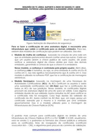 RESUMÃO DE TI (ÁREA: SUPORTE A REDE DE DADOS) P/ ABIN 
PROFESSORES: PATRÍCIA LIMA QUINTÃO E ALEXANDRE LÊNIN CARNEIRO 
Token 
Smart Card 
Figura. Ilustração de dispositivos de segurança 
Para se fazer a certificação de uma assinatura digital, é necessária uma 
infraestrutura que valide o certificado para as demais entidades. Para isso, 
existem dois modelos de certificação que podem ser utilizados. São eles: 
• Modelo de malha de confiança: baseado na criação de uma rede em 
que as entidades pertencentes devem confiar umas nas outras. Cada vez 
que um usuário obtém a chave pública de outro usuário, ele pode 
verificar a assinatura digital da chave obtida por meio das demais 
entidades, garantindo a certeza de que a chave é a verdadeira. 
Nesse modelo, a confiança é controlada pelo próprio usuário. Além disso, 
a confiança não é transitiva, ou seja, se uma entidade A confia em B e B 
confia em C, isso não significa necessariamente que A confia em C. Esse 
modelo é utilizado no software PGP, que faz a certificação de mensagens 
eletrônicas. 
• Modelo hierárquico: baseado na montagem de uma hierarquia de 
Autoridades Certificadoras (ACs). As ACs certificam os usuários e existe 
uma autoridade certificadora raiz (AC-Raiz) que faz a certificação de 
todas as ACs de sua jurisdição. Nesse modelo, os certificados digitais 
precisam da assinatura digital de uma AC para ser válido. Caso alguma 
entidade duvide de sua validade, basta consultar na AC para verificar se 
o certificado não foi revogado. Caso haja dúvida da validade do 
certificado da AC, basta conferir na AC-Raiz, que, em regra, possui um 
certificado assinado por si mesmo e é mantida por uma entidade 
governamental. Esse é o modelo utilizado para a montagem de 
Infraestruturas de Chaves Públicas (ICPs). 
O padrão mais comum para certificados digitais no âmbito de uma 
infraestrutura de Chaves Públicas (ICP) é o ITU-T X.509. O X.509, atualmente, 
está na versão 3, e padroniza os formatos das chaves públicas e atributos 
para os certificados, listas de revogação de certificados (certificate 
revocation lists – CRL), e algoritmos para procura do caminho de validação. 
www.pontodosconcursos.com.br 36/75 
 