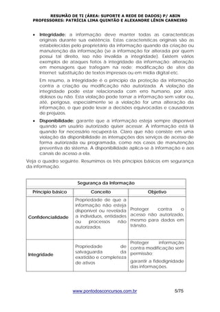 RESUMÃO DE TI (ÁREA: SUPORTE A REDE DE DADOS) P/ ABIN 
PROFESSORES: PATRÍCIA LIMA QUINTÃO E ALEXANDRE LÊNIN CARNEIRO 
• Integridade: a informação deve manter todas as características 
originais durante sua existência. Estas características originais são as 
estabelecidas pelo proprietário da informação quando da criação ou 
manutenção da informação (se a informação for alterada por quem 
possui tal direito, isso não invalida a integridade). Existem vários 
exemplos de ataques feitos à integridade da informação: alteração 
em mensagens que trafegam na rede; modificação de sites da 
Internet; substituição de textos impressos ou em mídia digital etc. 
Em resumo, a Integridade é o princípio da proteção da informação 
contra a criação ou modificação não autorizada. A violação da 
integridade pode estar relacionada com erro humano, por atos 
dolosos ou não. Esta violação pode tornar a informação sem valor ou, 
até, perigosa, especialmente se a violação for uma alteração da 
informação, o que pode levar a decisões equivocadas e causadoras 
de prejuízos. 
• Disponibilidade: garante que a informação esteja sempre disponível 
quando um usuário autorizado quiser acessar. A informação está lá 
quando for necessário recuperá-la. Claro que não consiste em uma 
violação da disponibilidade as interrupções dos serviços de acesso de 
forma autorizada ou programada, como nos casos de manutenção 
preventiva do sistema. A disponibilidade aplica-se à informação e aos 
canais de acesso a ela. 
Veja o quadro seguinte. Resumimos os três princípios básicos em segurança 
da informação. 
Segurança da Informação 
Princípio básico Conceito Objetivo 
www.pontodosconcursos.com.br 5/75 
Confidencialidade 
Propriedade de que a 
informação não esteja 
disponível ou revelada 
a indivíduos, entidades 
ou processos não 
autorizados. 
Proteger contra o 
acesso não autorizado, 
mesmo para dados em 
trânsito. 
Integridade 
Propriedade de 
salvaguarda da 
exatidão e completeza 
de ativos 
Proteger informação 
contra modificação sem 
permissão; 
garantir a fidedignidade 
das informações. 
 