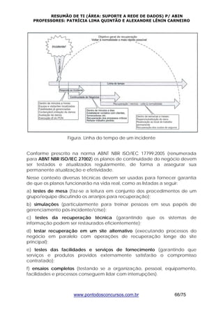 RESUMÃO DE TI (ÁREA: SUPORTE A REDE DE DADOS) P/ ABIN 
PROFESSORES: PATRÍCIA LIMA QUINTÃO E ALEXANDRE LÊNIN CARNEIRO 
Figura. Linha do tempo de um incidente 
Conforme prescrito na norma ABNT NBR ISO/IEC 17799:2005 (renumerada 
para ABNT NBR ISO/IEC 27002) os planos de continuidade do negócio devem 
ser testados e atualizados regularmente, de forma a assegurar sua 
permanente atualização e efetividade. 
Nesse contexto diversas técnicas devem ser usadas para fornecer garantia 
de que os planos funcionarão na vida real, como as listadas a seguir: 
a) testes de mesa (faz-se a leitura em conjunto dos procedimentos de um 
grupo/equipe discutindo os arranjos para recuperação); 
b) simulações (particularmente para treinar pessoas em seus papéis de 
gerenciamento pós-incidente/crise); 
c) testes da recuperação técnica (garantindo que os sistemas de 
informação podem ser restaurados eficientemente); 
d) testar recuperação em um site alternativo (executando processos do 
negócio em paralelo com operações de recuperação longe do site 
principal); 
e) testes das facilidades e serviços de fornecimento (garantindo que 
serviços e produtos providos externamente satisfarão o compromisso 
contratado); 
f) ensaios completos (testando se a organização, pessoal, equipamento, 
facilidades e processos conseguem lidar com interrupções). 
www.pontodosconcursos.com.br 66/75 
 