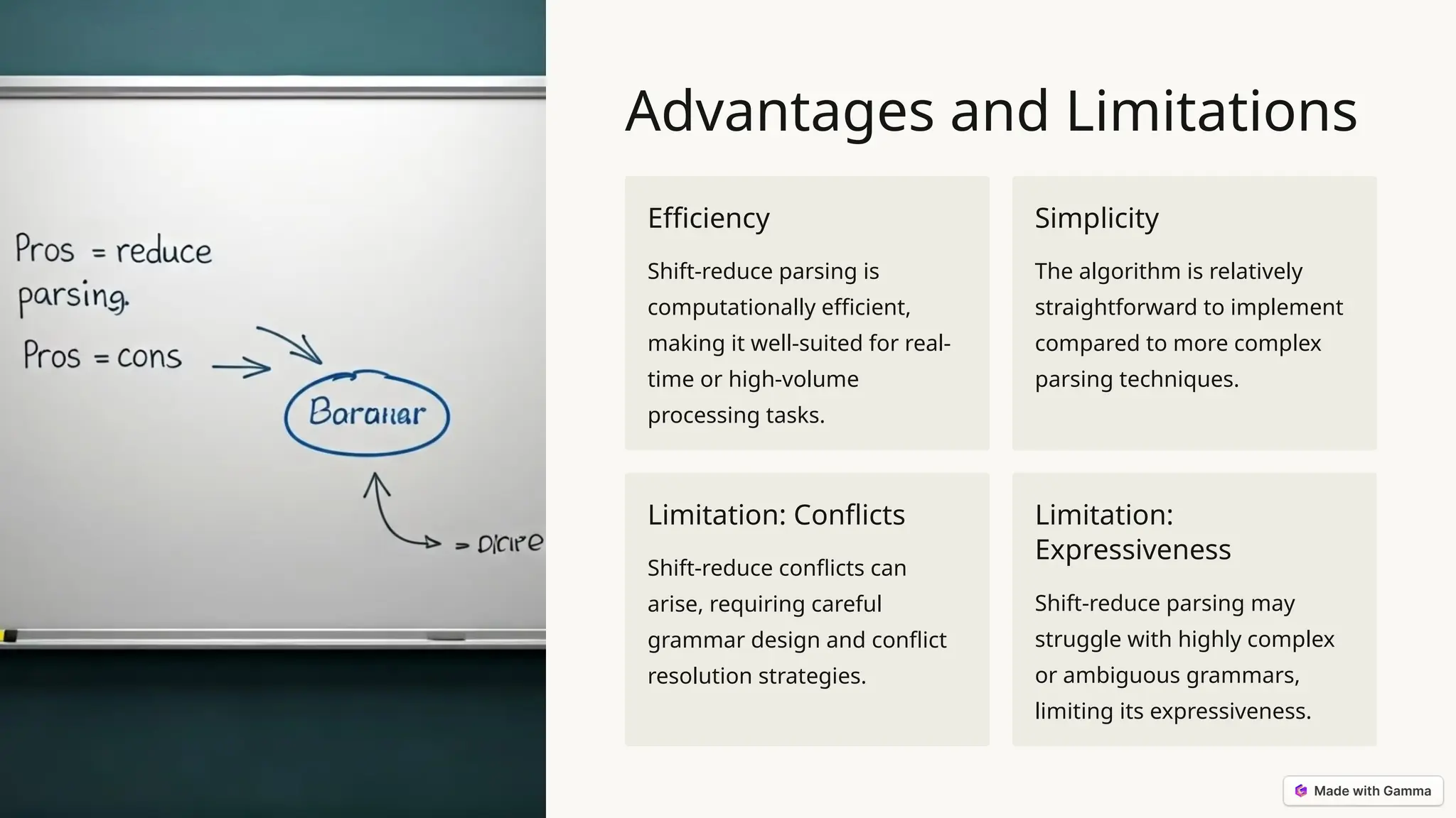 Advantages and Limitations Efficiency Shift-reduce parsing is computationally efficient, making it well-suited for real- time or high-volume processing tasks. Simplicity The algorithm is relatively straightforward to implement compared to more complex parsing techniques. Limitation: Conflicts Shift-reduce conflicts can arise, requiring careful grammar design and conflict resolution strategies. Limitation: Expressiveness Shift-reduce parsing may struggle with highly complex or ambiguous grammars, limiting its expressiveness. 