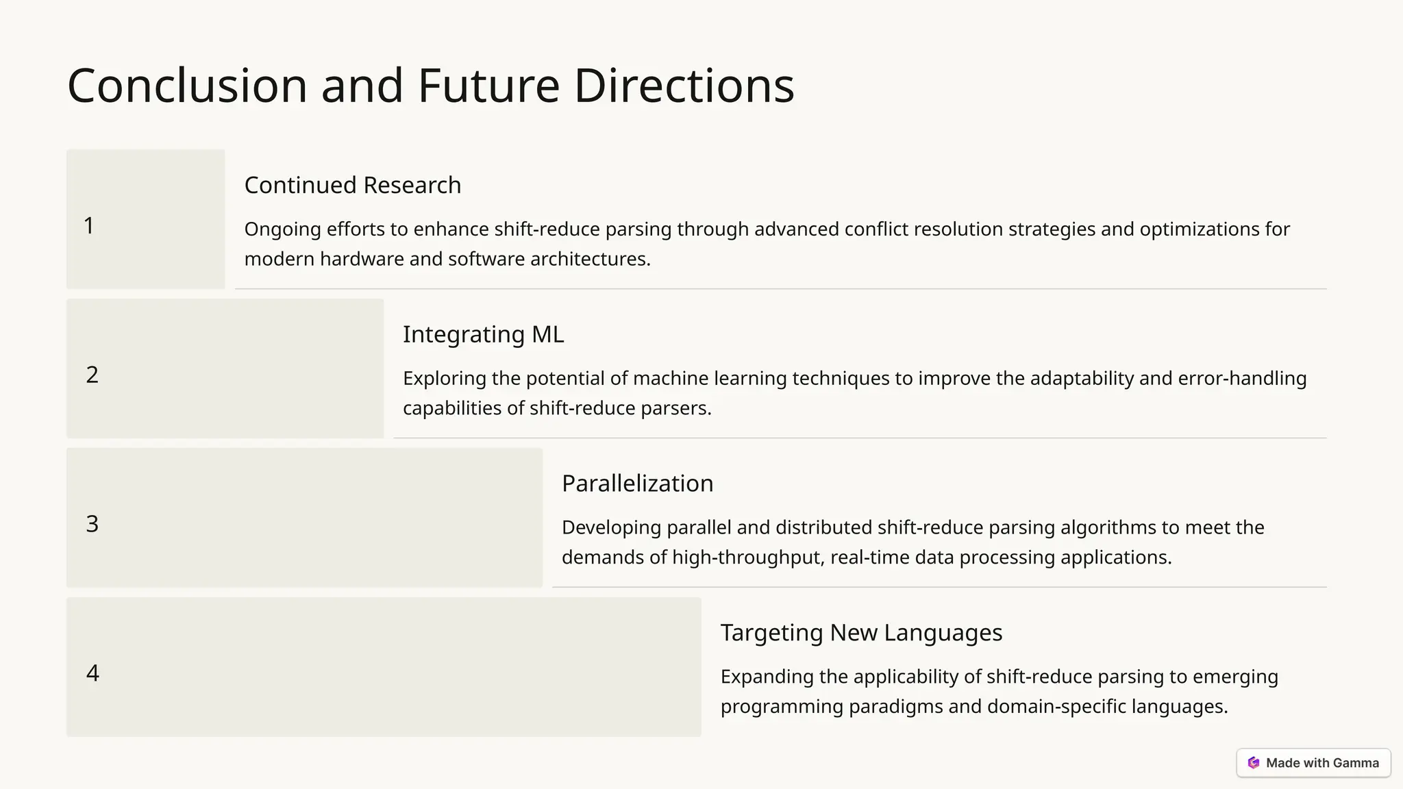 Conclusion and Future Directions 1 Continued Research Ongoing efforts to enhance shift-reduce parsing through advanced conflict resolution strategies and optimizations for modern hardware and software architectures. 2 Integrating ML Exploring the potential of machine learning techniques to improve the adaptability and error-handling capabilities of shift-reduce parsers. 3 Parallelization Developing parallel and distributed shift-reduce parsing algorithms to meet the demands of high-throughput, real-time data processing applications. 4 Targeting New Languages Expanding the applicability of shift-reduce parsing to emerging programming paradigms and domain-specific languages. 