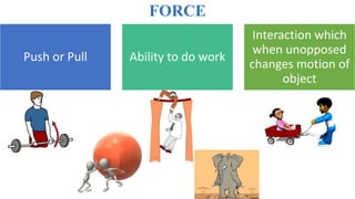 FORCE
Push or Pull Ability to do work
Interaction which
when unopposed
changes motion of
object
 
