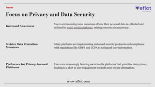 Increased Awareness
Users are becoming more conscious of how their personal data is collected and
utilized by social media platforms, raising concerns about privacy.
Stricter Data Protection
Measures
Many platforms are implementing enhanced security protocols and compliance
with regulations like GDPR and CCPA to safeguard user information.
Preference for Privacy-Focused
Platforms
Users are increasingly favoring social media platforms that prioritize data privacy,
leading to a shift in user engagement towards more secure alternatives.
Focus on Privacy and Data Security
Trends
www.eflot.com
 