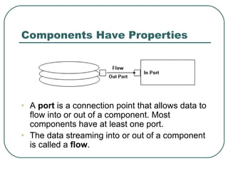 Components Have Properties
• A port is a connection point that allows data to
flow into or out of a component. Most
components have at least one port.
• The data streaming into or out of a component
is called a flow.
 
