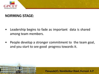 NORMING STAGE:
• Leadership begins to fade as important data is shared
among team members.
• People develop a stronger commitment to the team goal,
and you start to see good progress towards it.
 