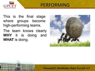 This is the final stage
where groups become
high-performing teams.
The team knows clearly
WHY it is doing and
WHAT is doing.
PERFORMING
 