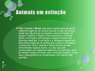 Animais em extinçãoNão é apenas o Brasil, mas sim o mundo está perdendo inúmeras espécies de animais devido à ação do homem, sendo que são poucas as pessoas conscientizadas em ajudar a manter a fauna e flora brasileira, evitando assim a extinção e até mesmo o desparecimento de diversas espécies. A extinção e o desaparecimento de diferentes espécies de animas são quando a situação é irreversível, isto é, quando o último animal de uma determinada espécie morre, e é isso que vem acontecendo com inúmeras espécies na atualidade, pois os animais estão sofrendo com a evolução humana, e com isso o desequilíbrio no ecossistema e no habitat são grandes.