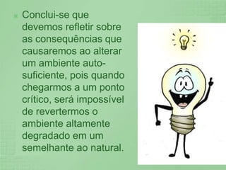 Conclui-se que devemos refletir sobre as consequências que causaremos ao alterar um ambiente auto-suficiente, pois quando chegarmos a um ponto crítico, será impossível de revertermos o ambiente altamente degradado em um semelhante ao natural.