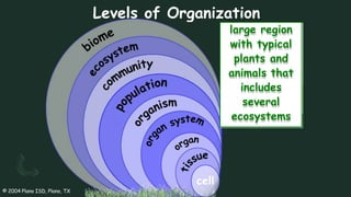 smallest unit
of living
things
group of
similar cells
organized to
work together
group of
different
kinds of
tissues
group of
organs
one individual
living thing
working
together
all organisms
of the same
kind living in
all interacting
populations in
an ecosystem
one area
working
together
all living and
nonliving
things
interacting
within a
certain area
large region
with typical
plants and
animals that
includes
several
ecosystems
cell
© 2004 Plano ISD, Plano, TX
 